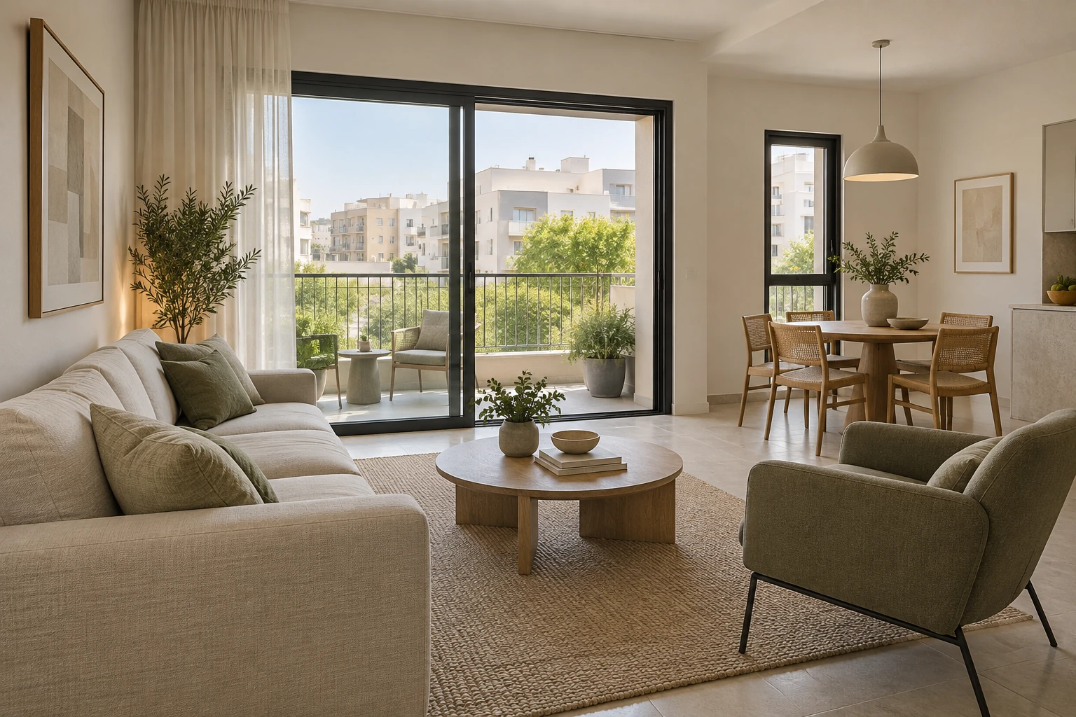 הדמיית סלון ופינת אוכל בגווני שמנת וירוק, עם מרפסת פתוחה לשכונה