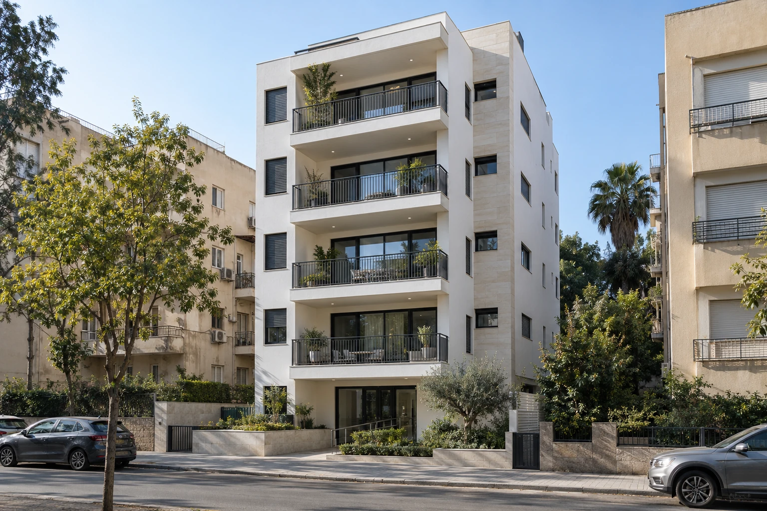 הדמיית בניין מגורים ברחוב עירוני, עם מרפסות וצמחייה בחזית