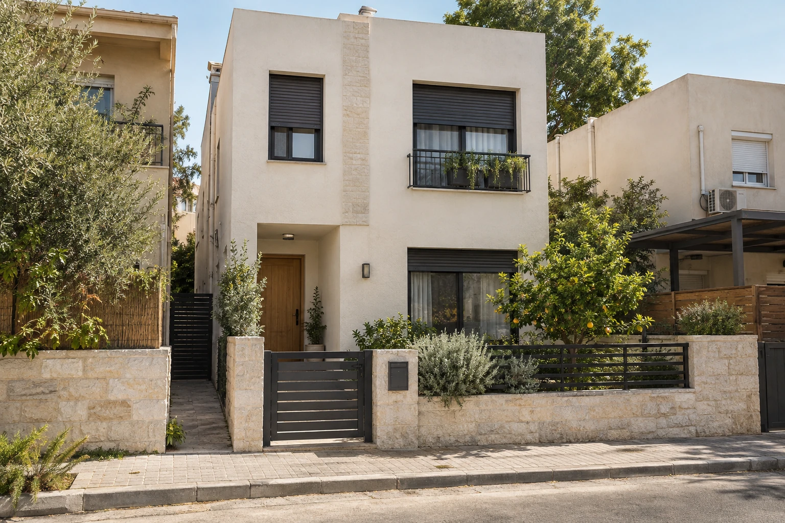 הדמיית בית בן שתי קומות עם חזית אבן וגינה קדמית